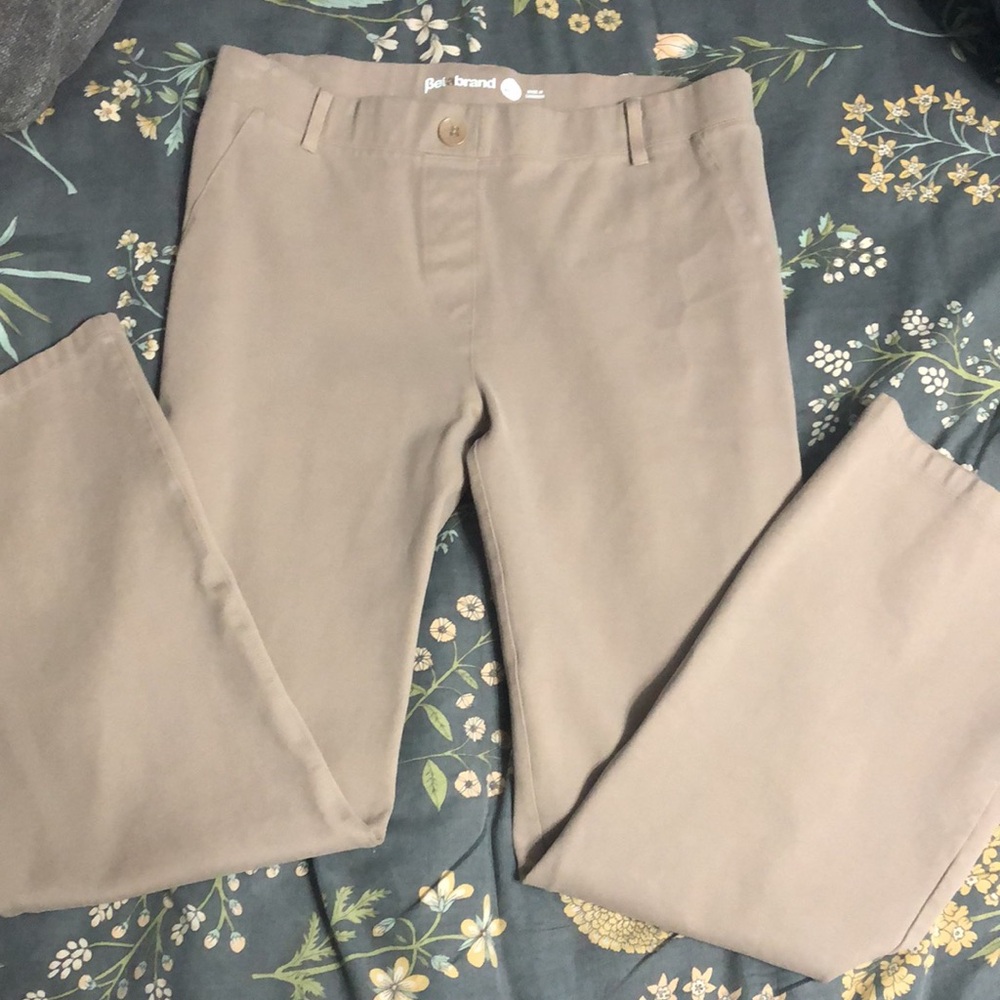 Betabrand Straight Leg Dress Yoga Mid-Rise Pull-On Pants in Khaki Twill Large P